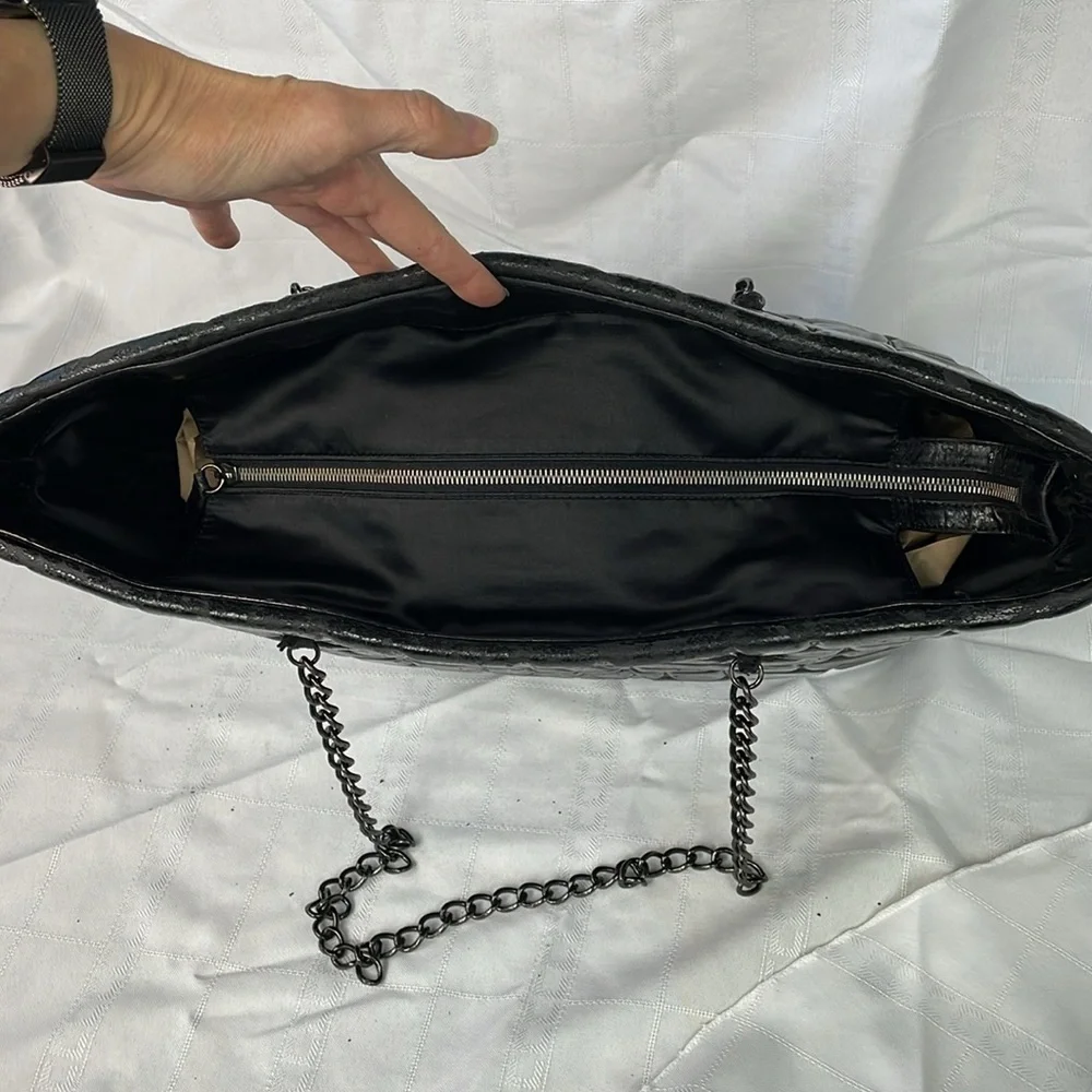 Chanel Brick Chocolate Bar Quilted Frozen Tote Bag Large Black Vinyl Chain Strap